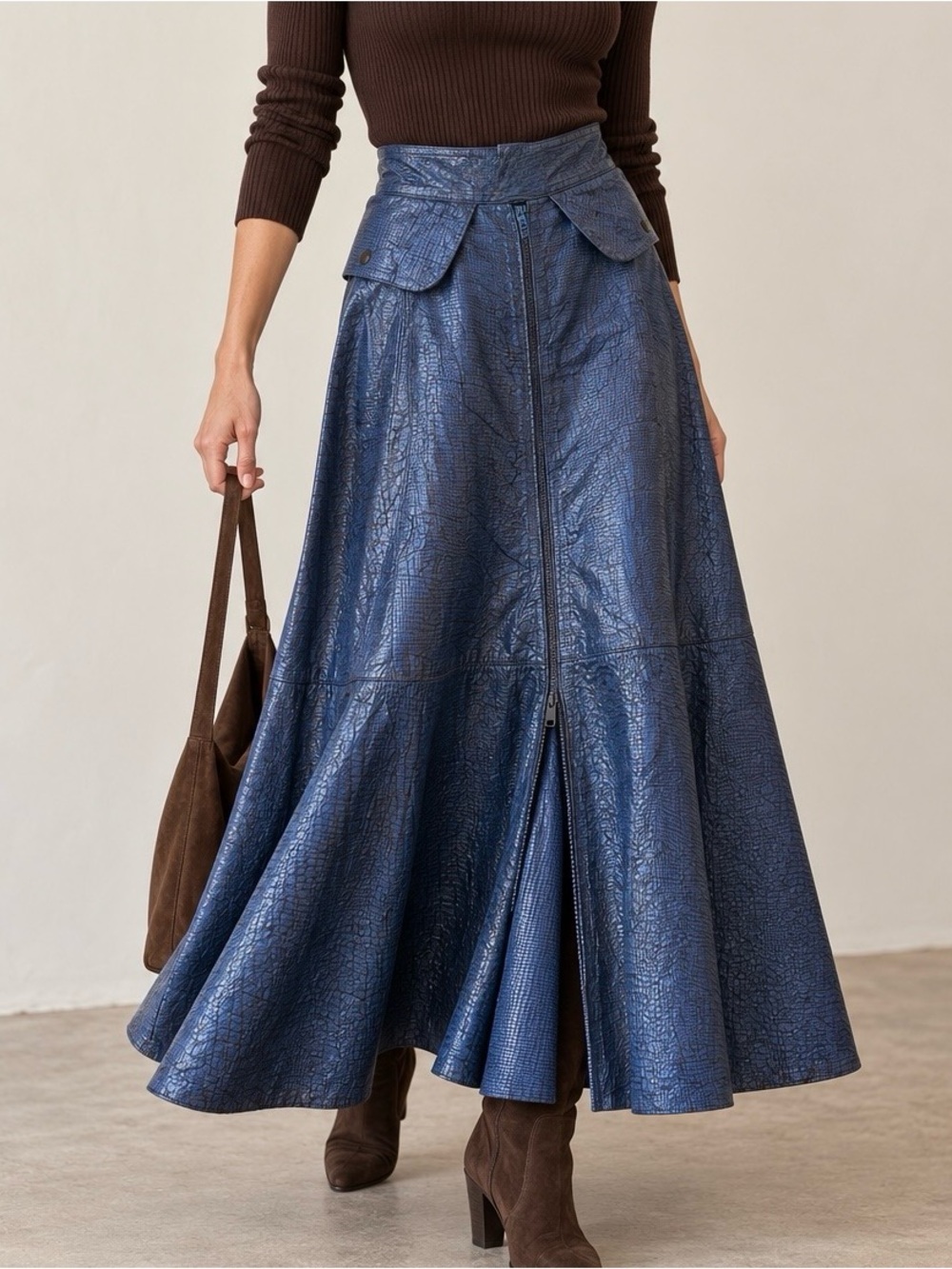 Vintage Kosar Genuine Leather Maxi Skirt Blue Metallic Textured Size 38